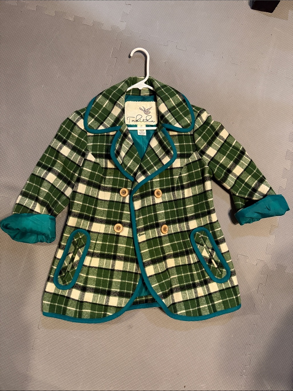 Tabitha Green and Cream Plaid Pea Coat with Teal Trim